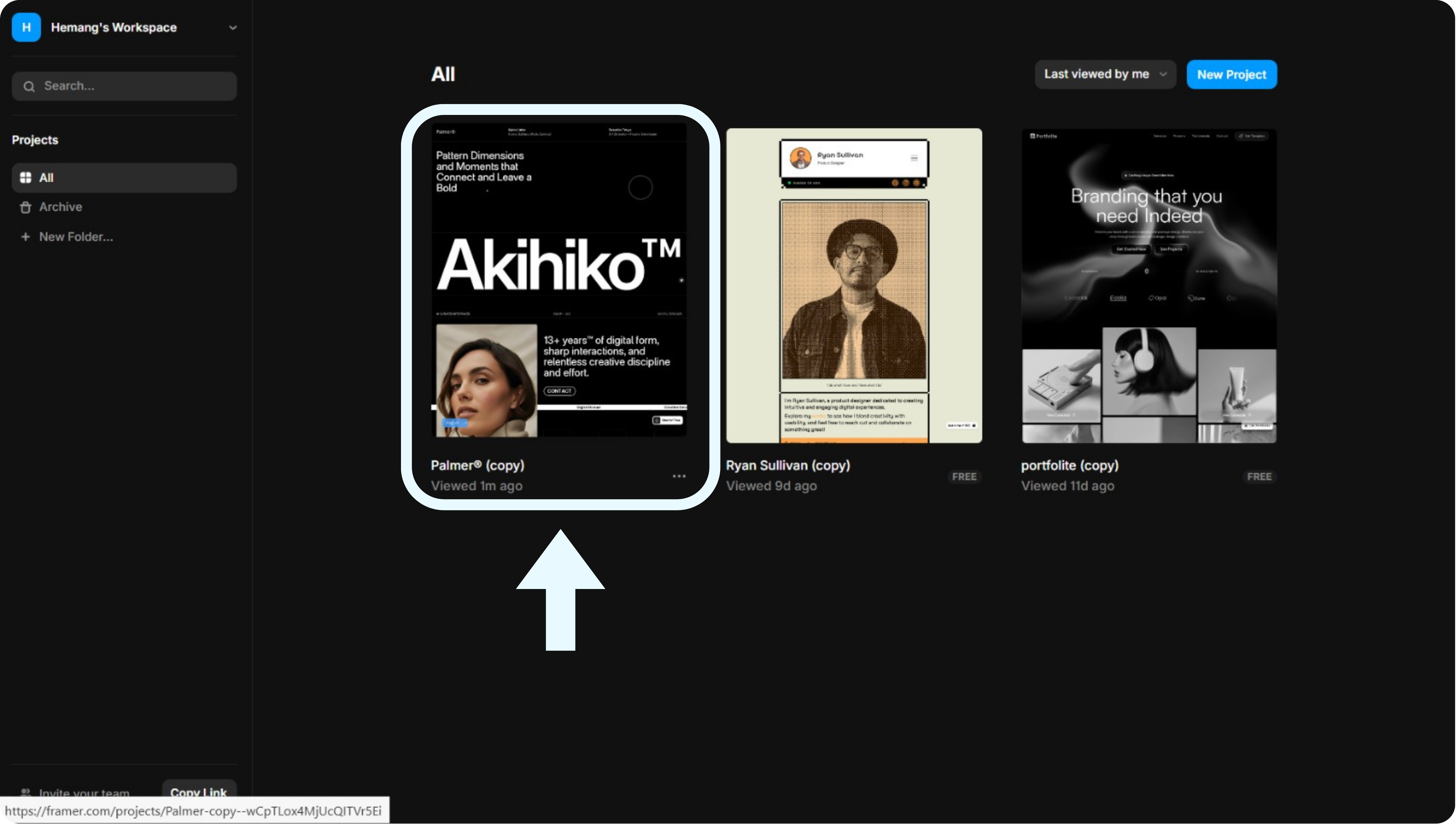 Framer dashboard showing all projects — select your target project