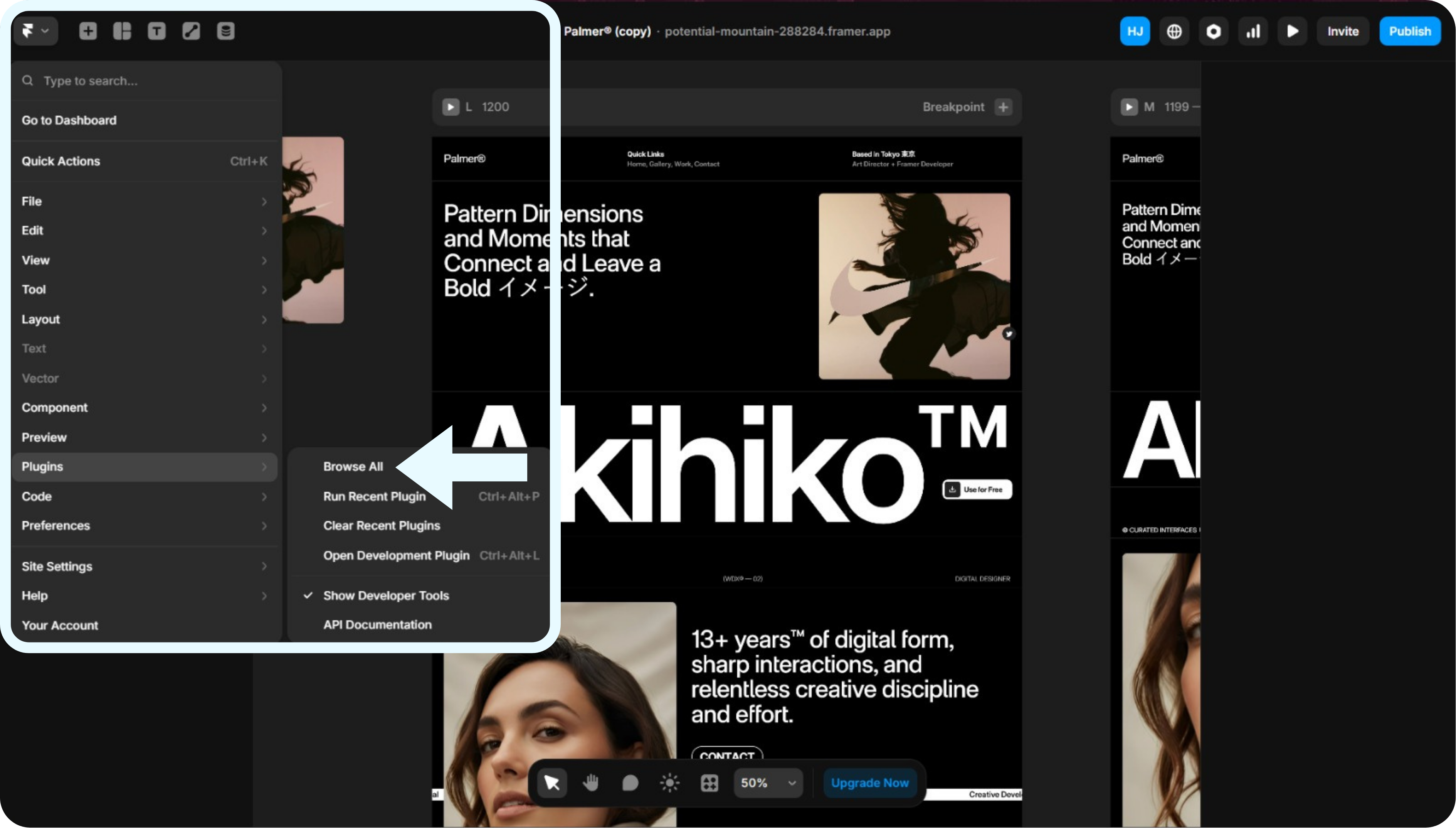 Framer editor main menu open with Plugins → Browse All highlighted