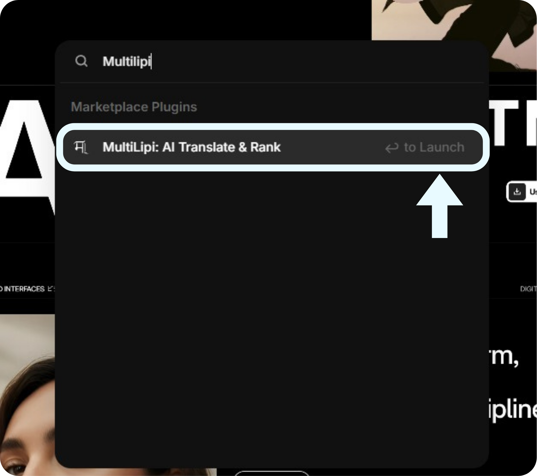 Framer plugin marketplace search showing MultiLipi: AI Translate & Rank result