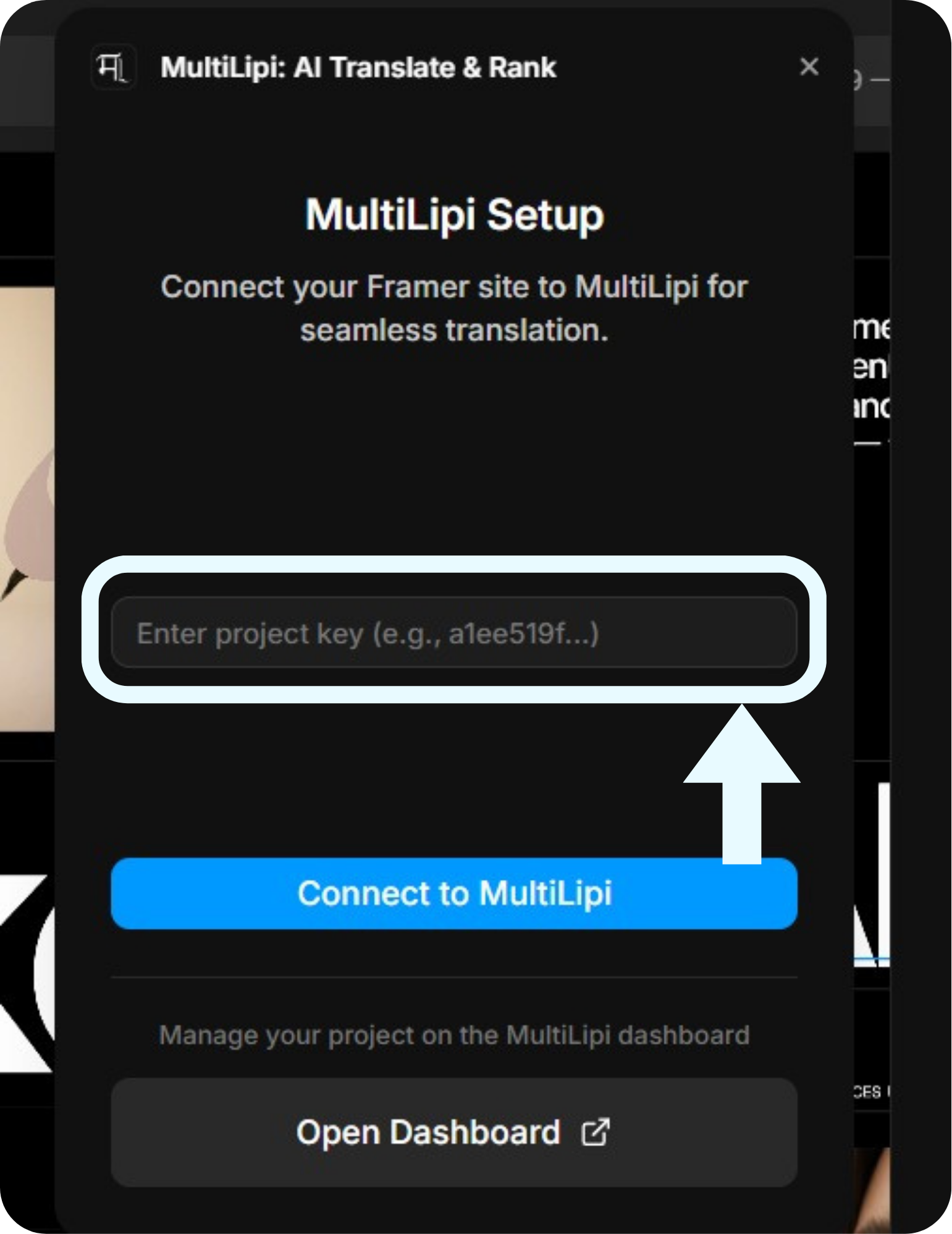 MultiLipi Setup modal with project key input field and Connect to MultiLipi button