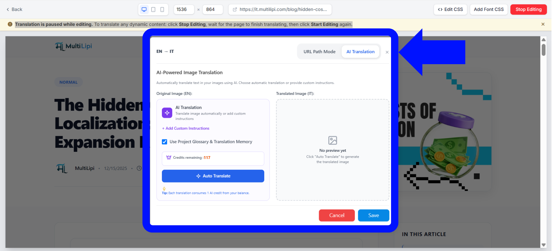 MultiLipi Visual Editor AI Translation Mode