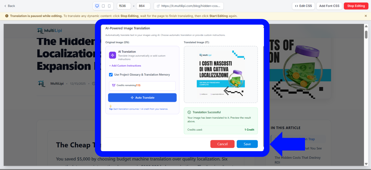 MultiLipi AI Image Translation Modal
