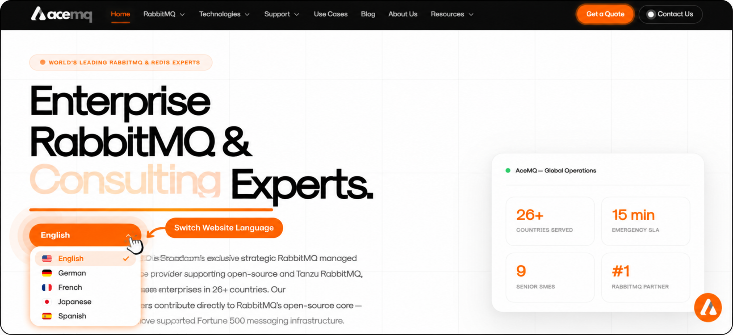AceMQ enterprise RabbitMQ website localized into multiple languages with MultiLipi