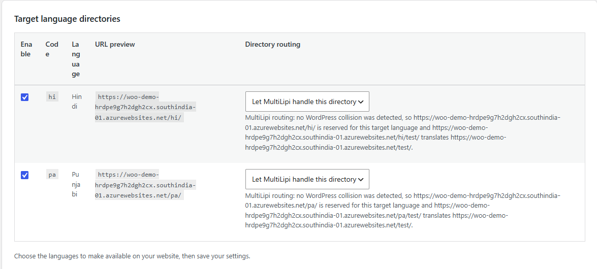 Target Language Directories Configuration