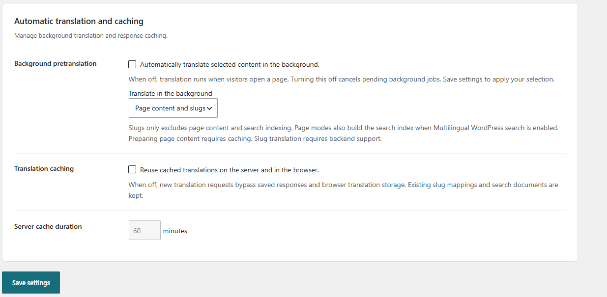 Automatic Translation and Caching Settings