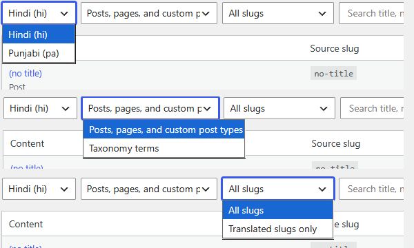 Slug Translation Filters Main View