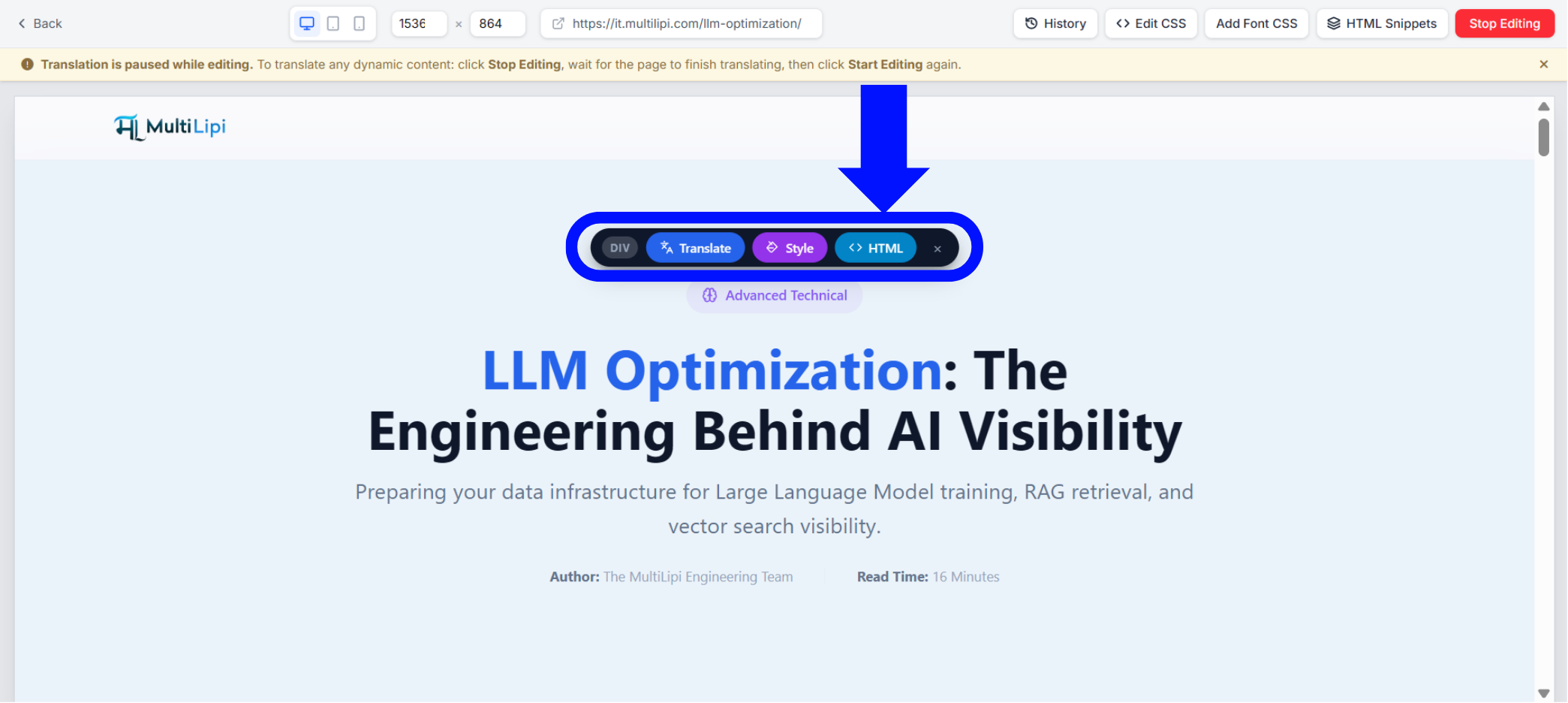 الشكل 1.1 MultiLipi المحرر المرئي مع تحديد عنصر من صفحة الويب وظهور إجراءات الترجمة والنمط وHTML