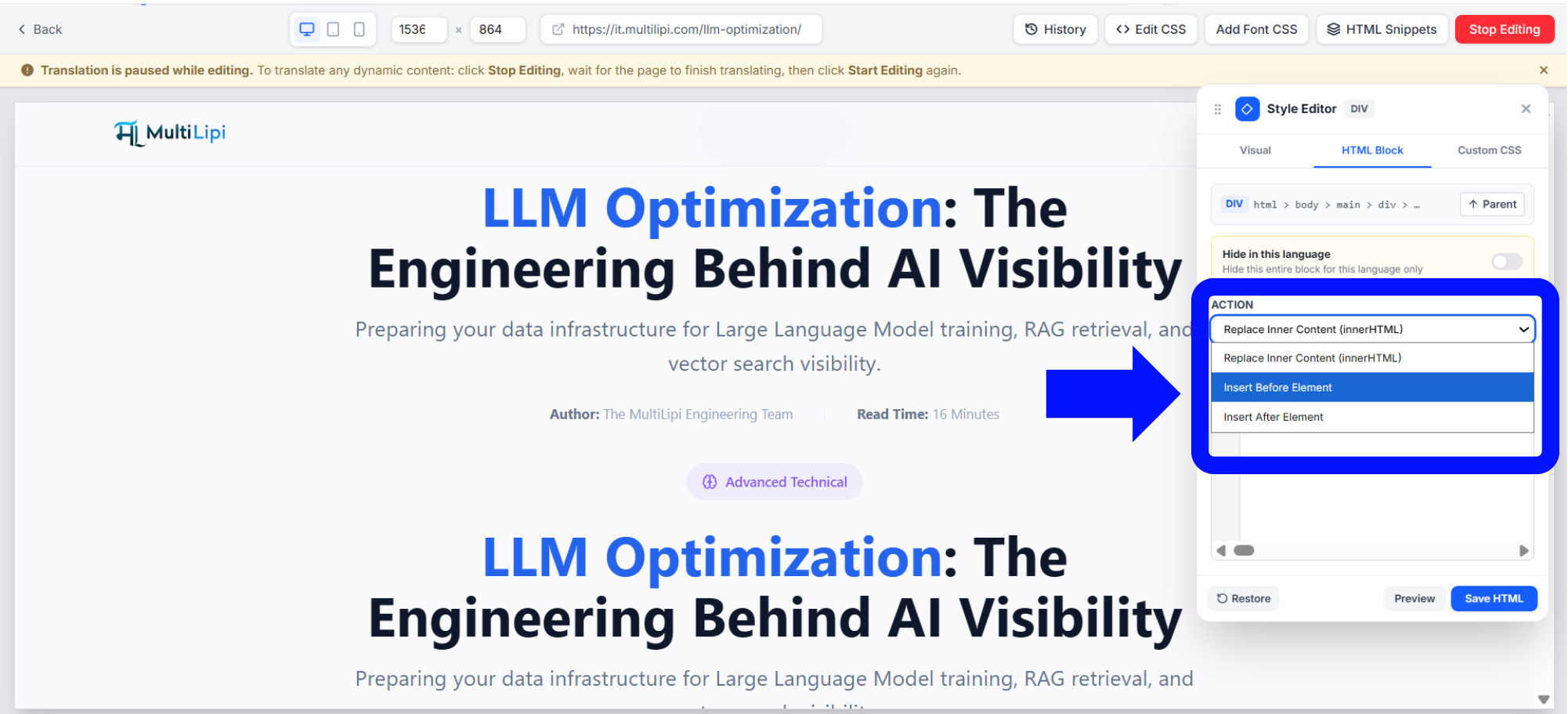 الشكل 1.3 MultiLipi قائمة إجراءات كتلة HTML المنسدلة التي تعرض "استبدال المحتوى الداخلي"، و"إدراج قبل العنصر"، و"إدراج بعد العنصر"