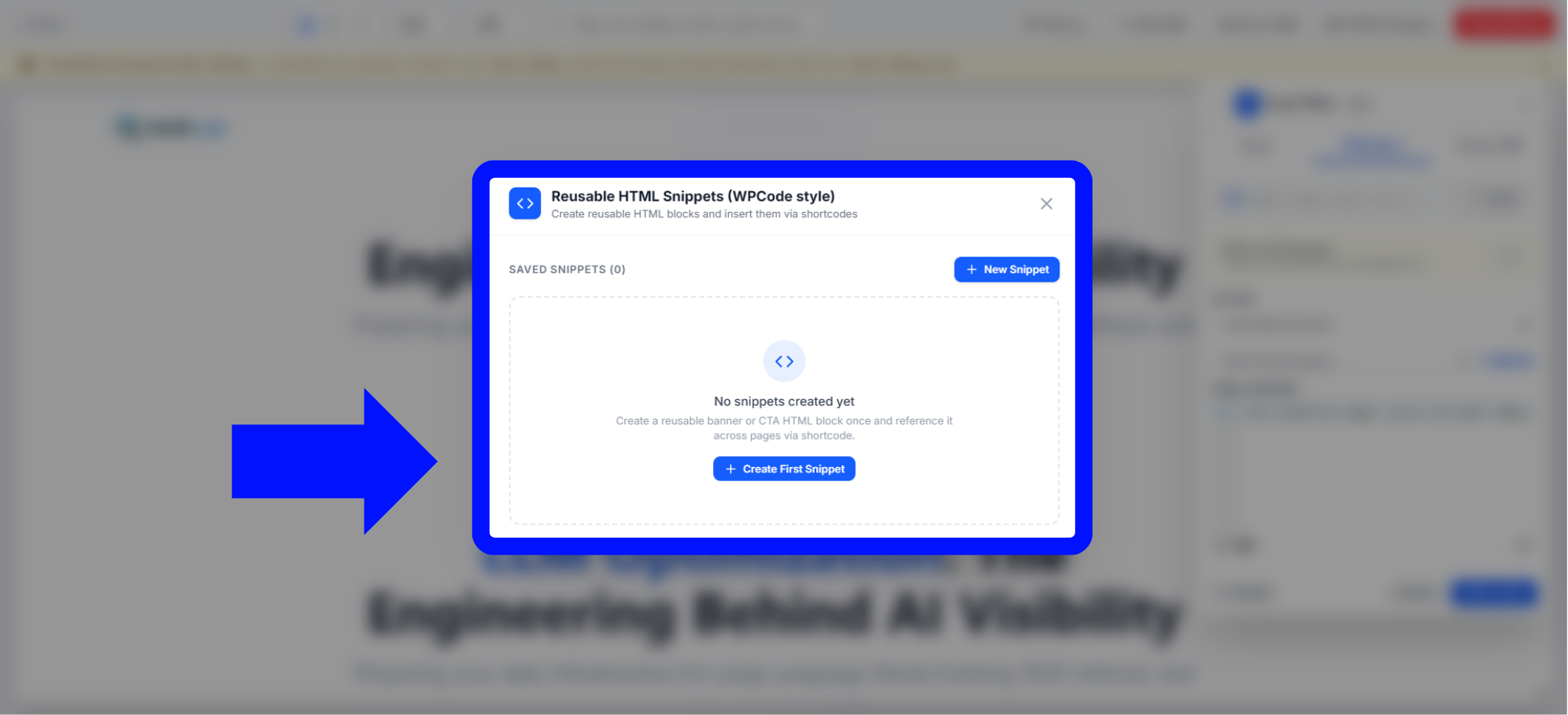 الشكل 1.4 MultiLipi مدير مقتطفات HTML القابلة لإعادة الاستخدام يعرض مكتبة المقتطفات، وزر مقتطف جديد، والحالة الفارغة