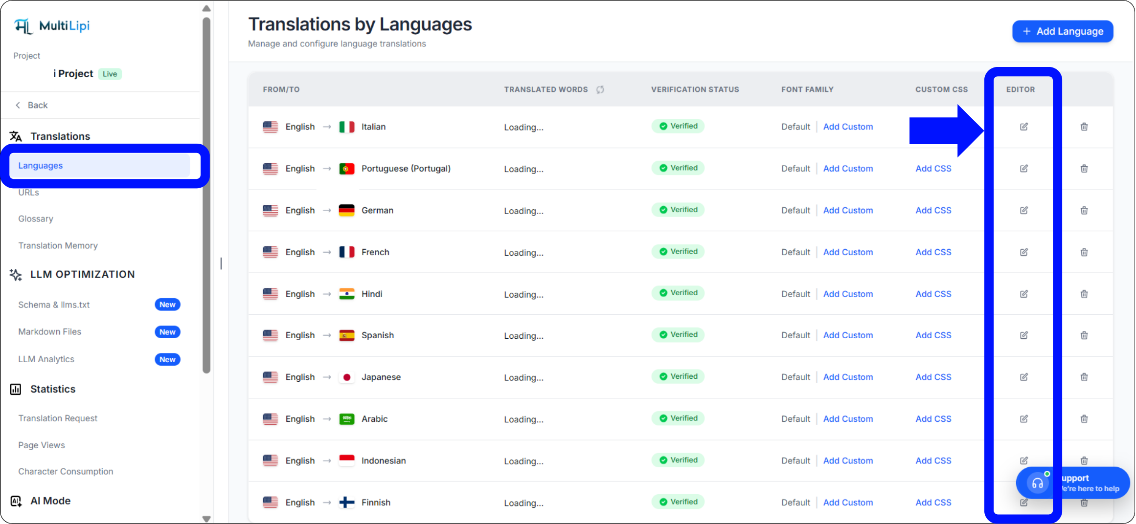 صفحة ترجمات MultiLipi حسب اللغات التي تظهر أزواج اللغات بما في ذلك الإنجليزية إلى الهندية والألمانية والإيطالية والبرتغالية البرتغالية مع حالة التحقق وإعدادات عائلة الخطوط وأيقونة التحرير المميزة في عمود الإجراءات