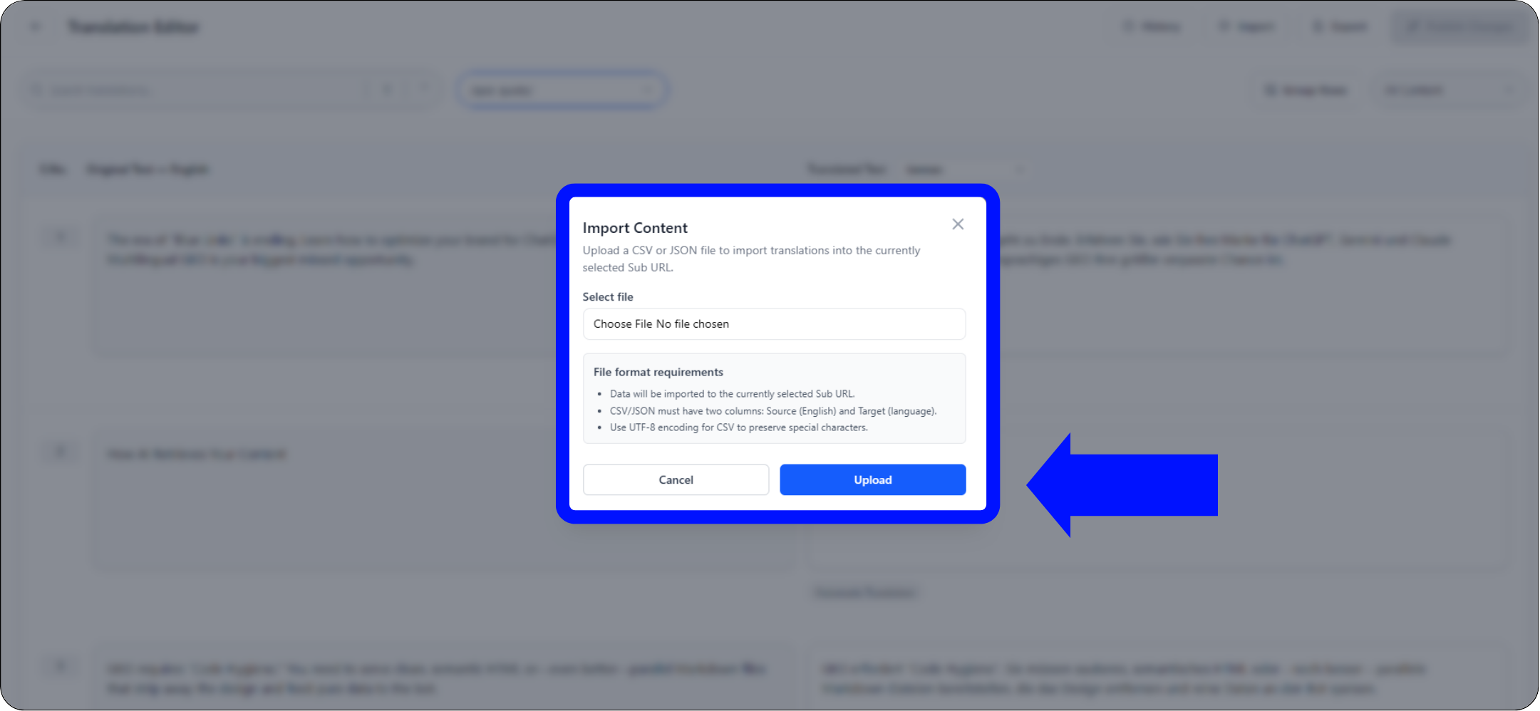 مربع حوار تحميل ملف CSV أو JSON يعرض مُنتقي الملف مع 'لم يتم اختيار ملف'، وقائمة منسدلة لاختيار عنوان URL فرعي، ونص إعلامي حول دعم ملفات JSON و CSV، وزري تحميل وإلغاء