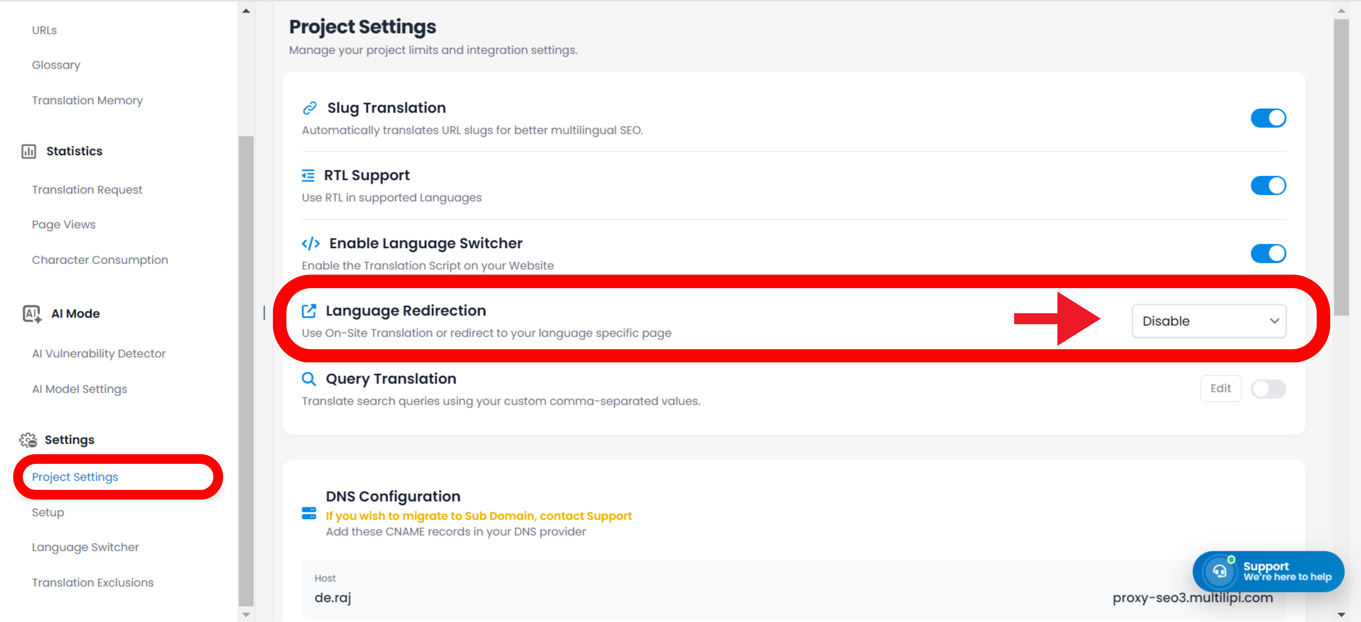 MultiLipi Setup page showing Visitor Language Redirection toggle highlighted with red arrow and border