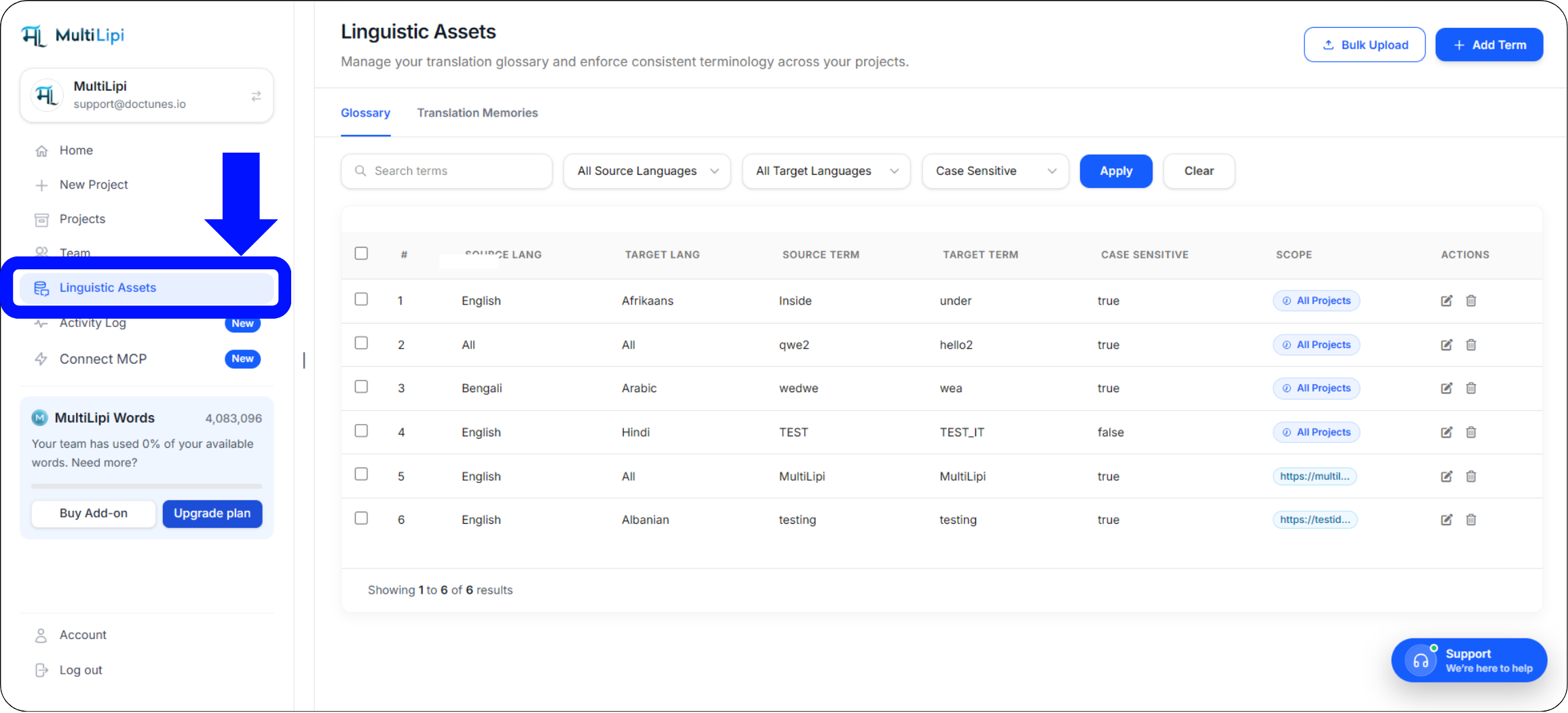 Linguistic Assets interface showing Glossary and Translation Memories tabs with search filters for source language, target language, and case sensitivity options