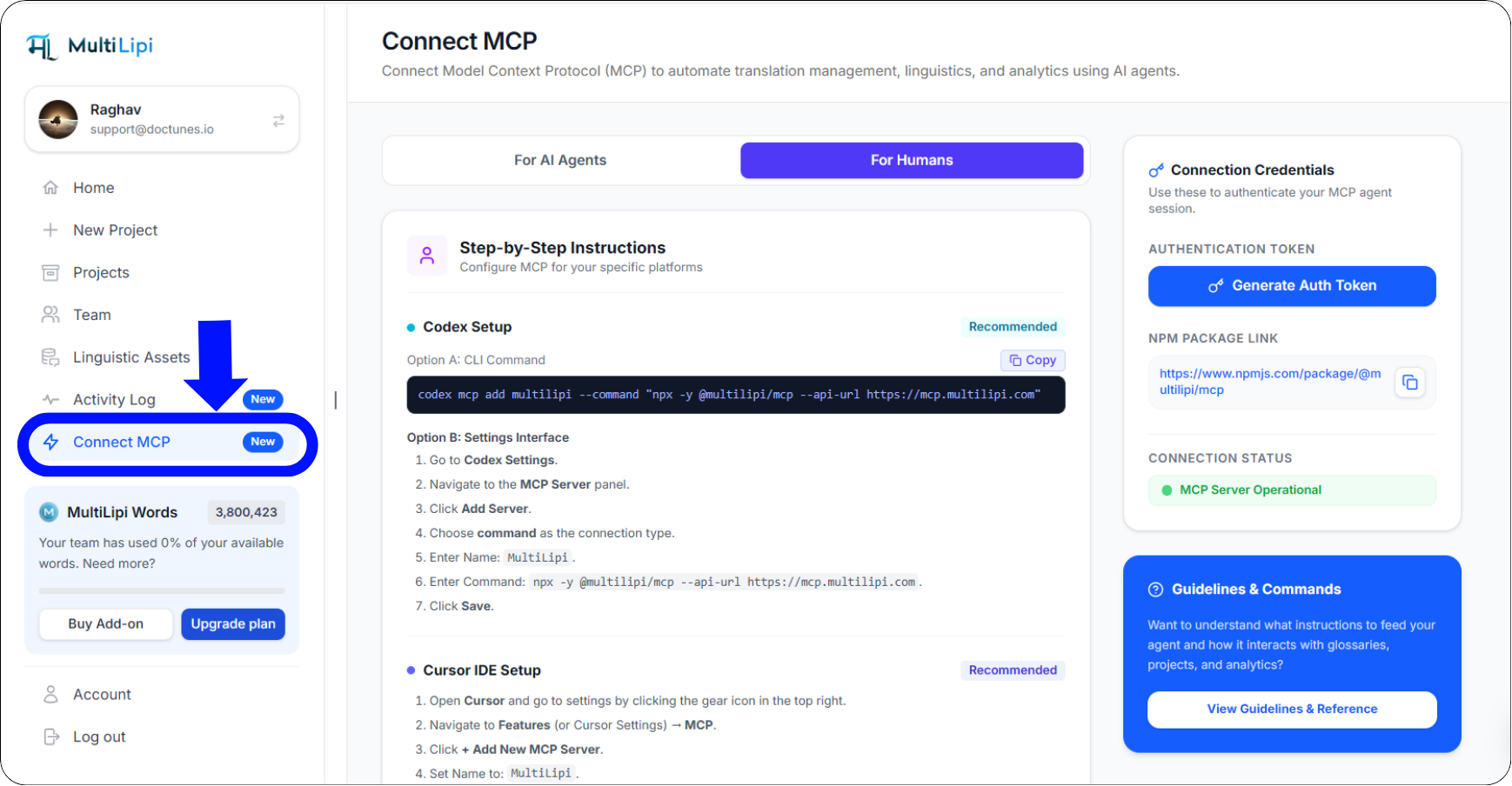 MultiLipi For Humans tab showing application-specific MCP setup instructions