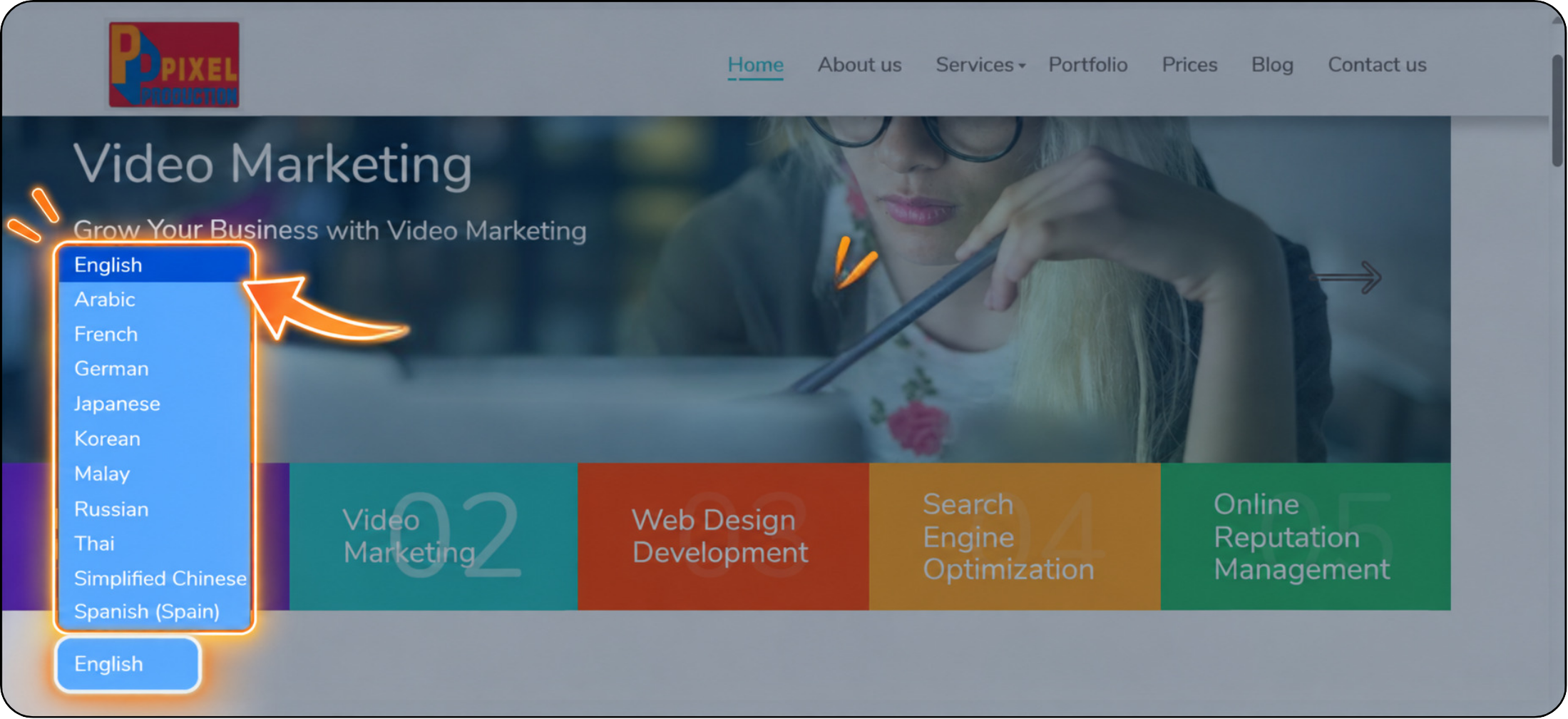 PixelProduction digital marketing and PR website localized across multiple languages with MultiLipi