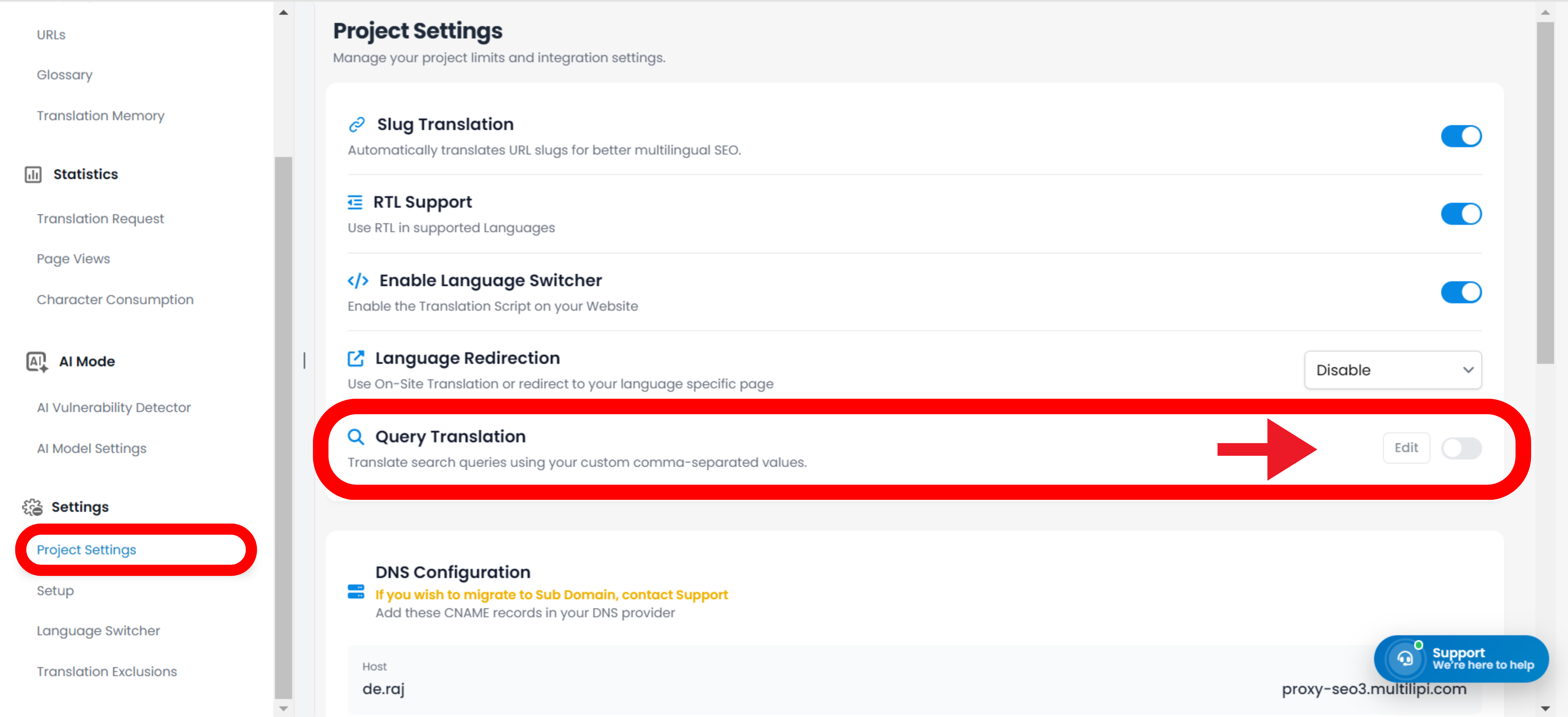 MultiLipi Project Settings page showing Search Translation toggle highlighted