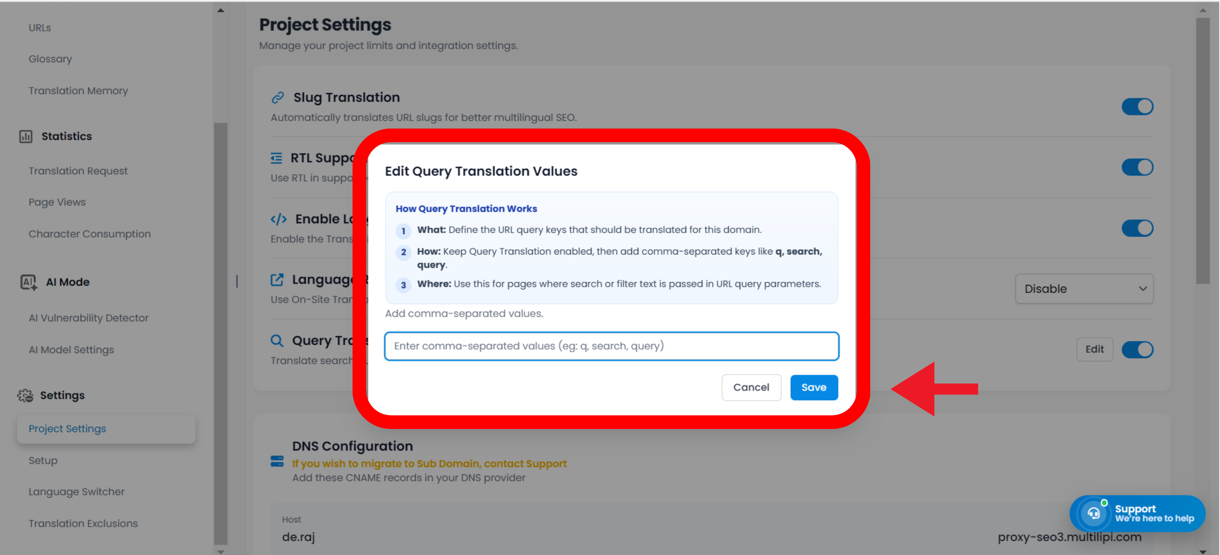 MultiLipi Search Translation settings showing parameter input field and Save Changes button