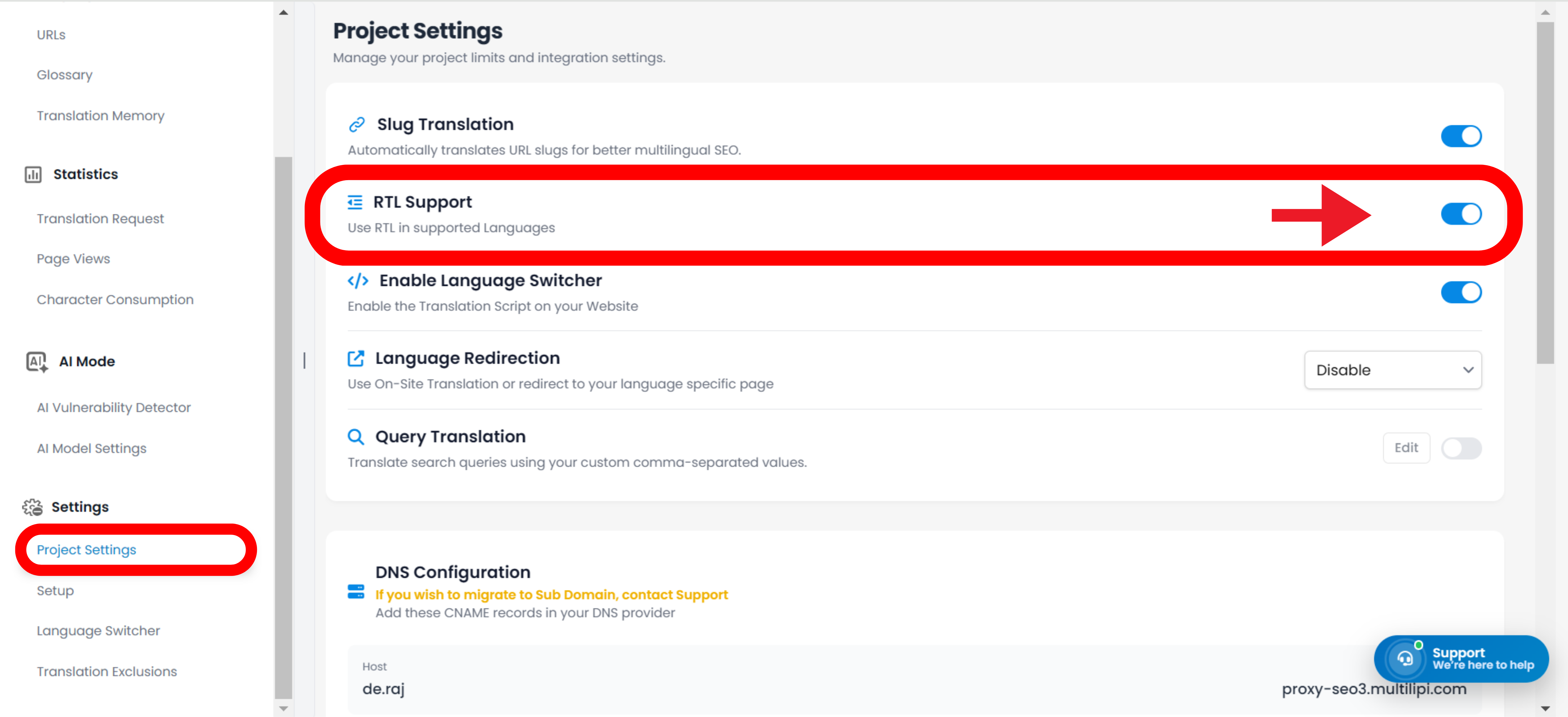 Setup page showing RTL Support toggle highlighted with gradient border, along with Slug Translation, Enable Script, Language Redirection, and Page Views Limit settings