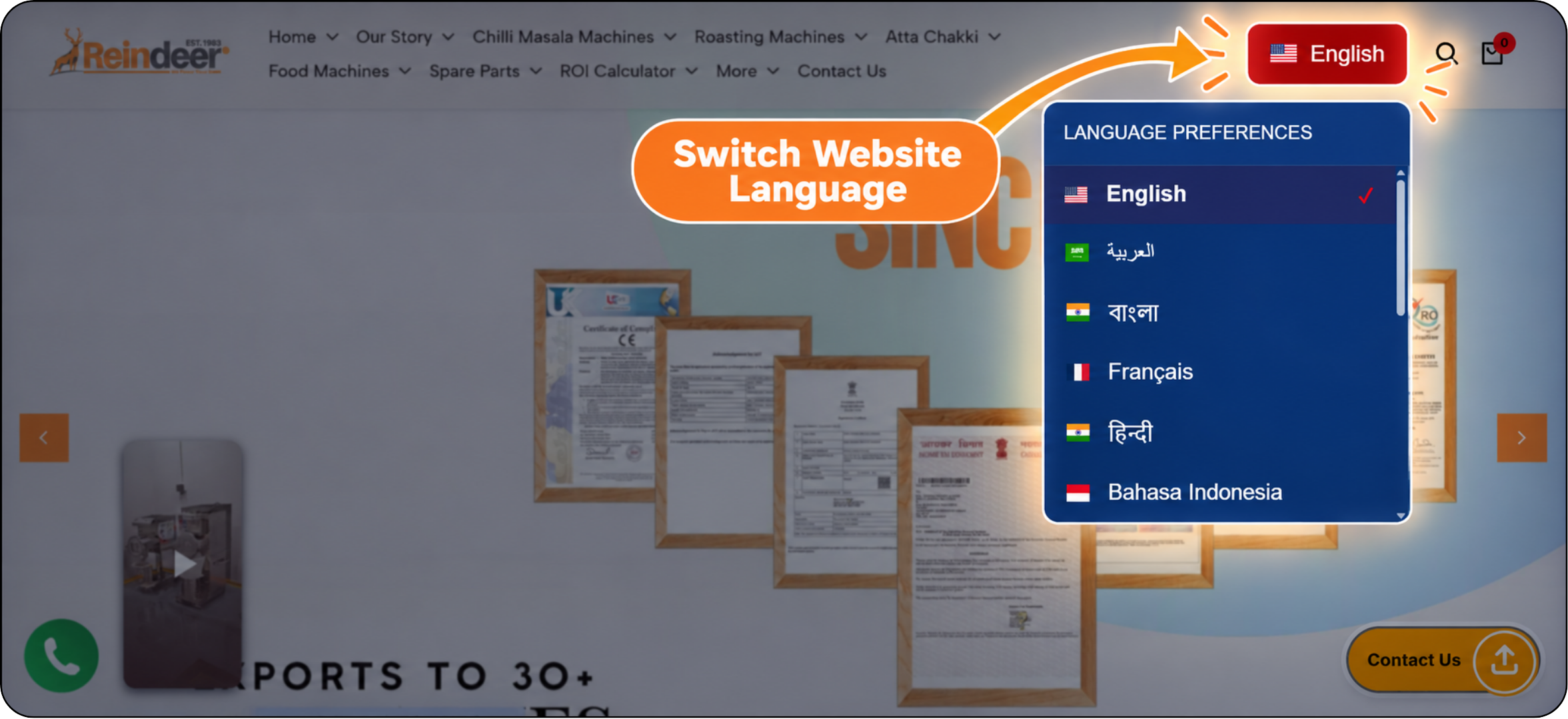 Reindeer Machinery industrial machinery website translated into multiple languages using MultiLipi