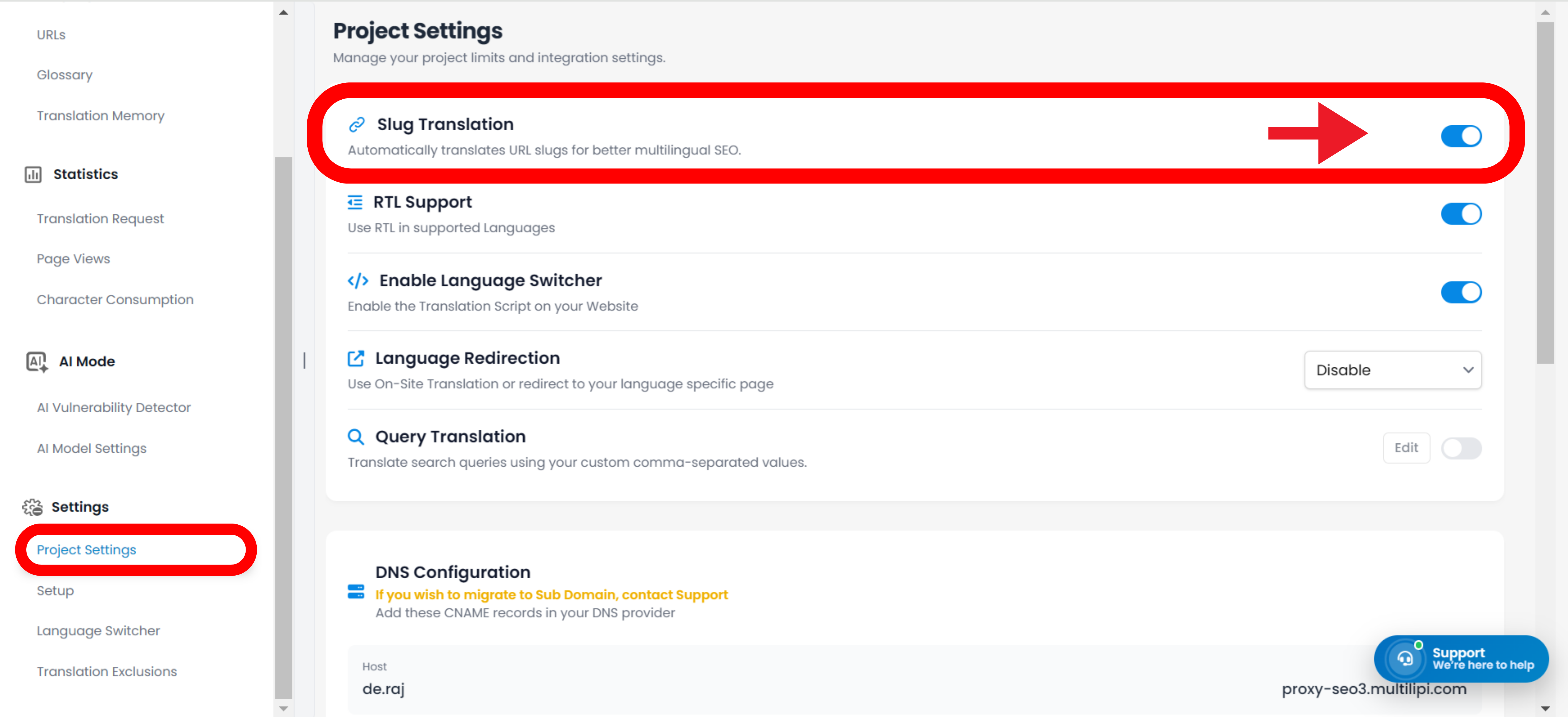 MultiLipi Setup page showing Slug Translation toggle highlighted with red arrow and border in the Settings sidebar