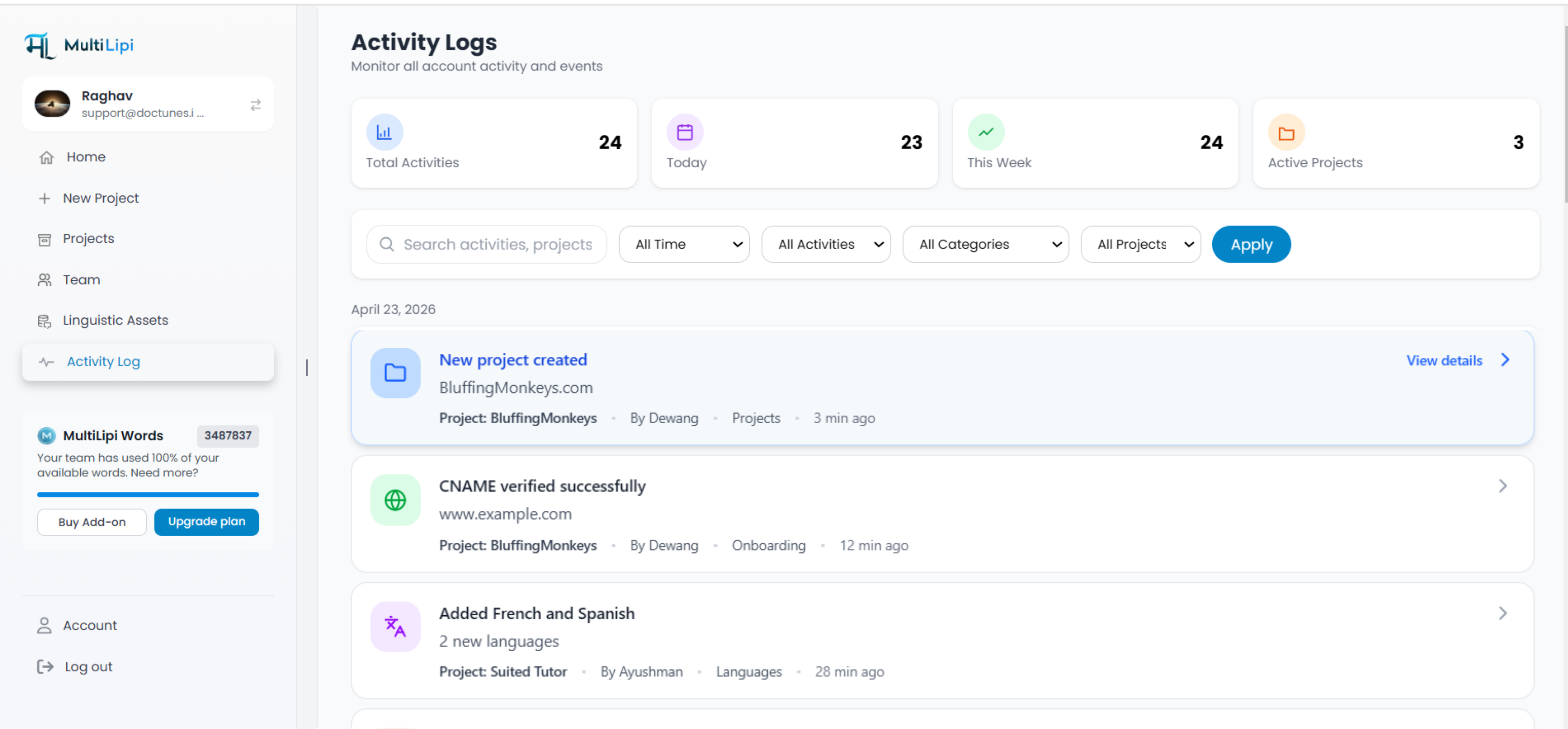 MultiLipi Project Logs Dashboard showing activity table with event names, users, and timestamps