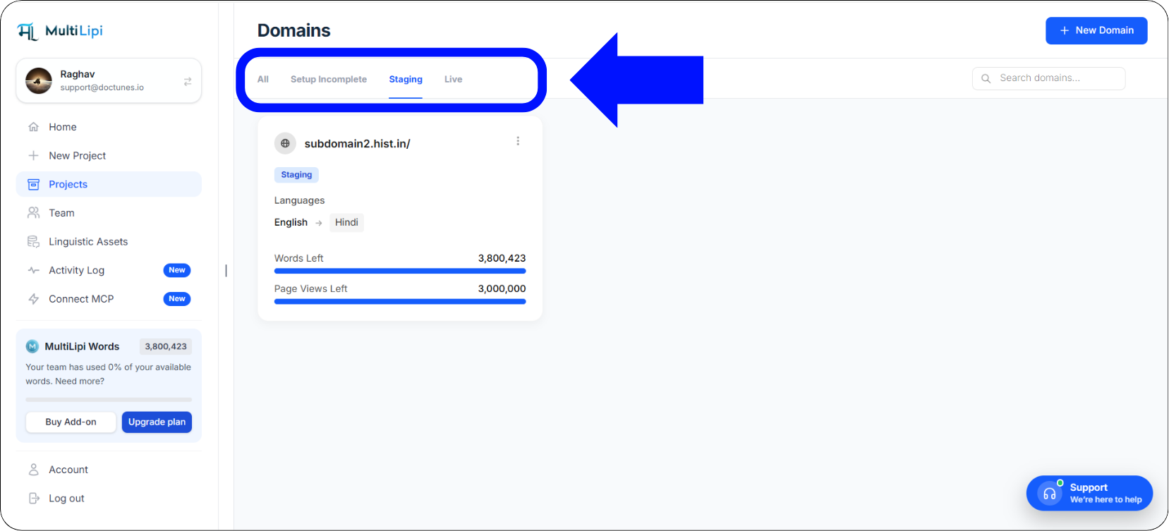 Dashboard showing Draft/Offline badge and Publish Project button