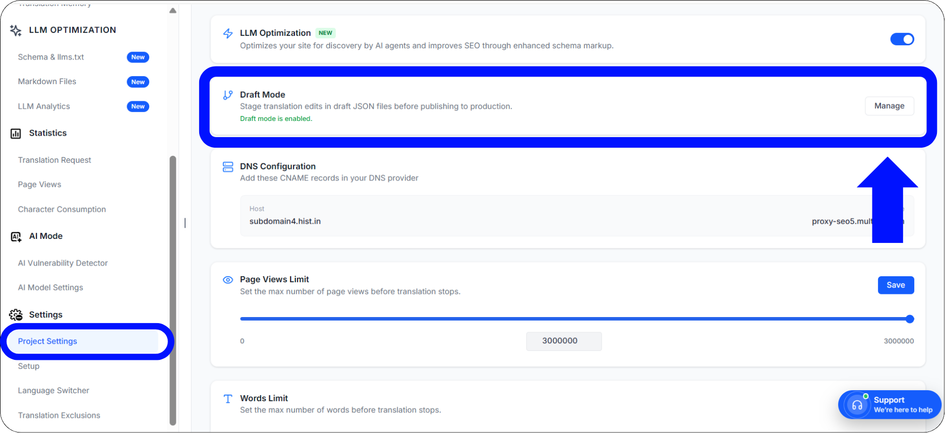 Setup page showing the Project Status toggle