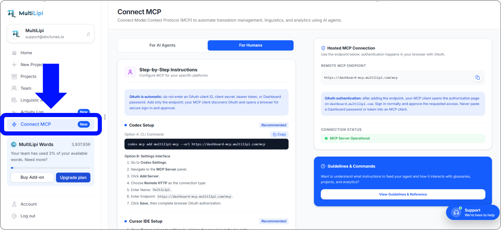 MultiLipi Hosted MCP Connection panel showing remote endpoint, OAuth instructions, and operational server status