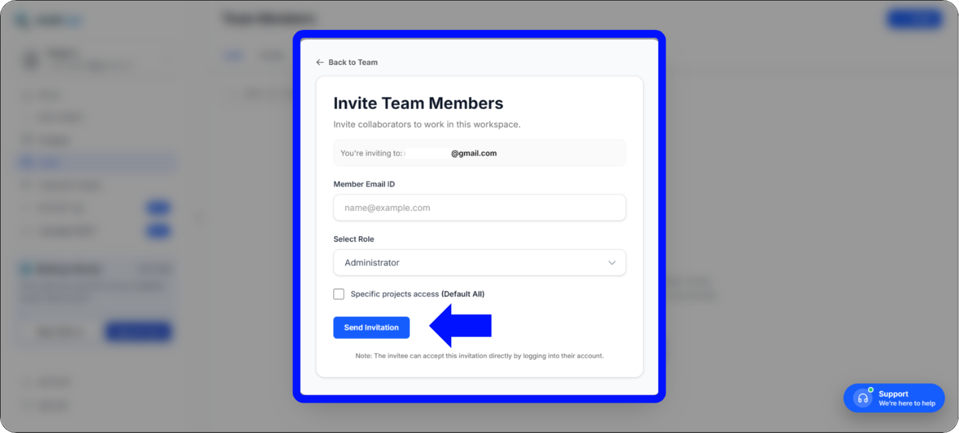 MultiLipi Invite Team Members modal with email, role, and project access fields