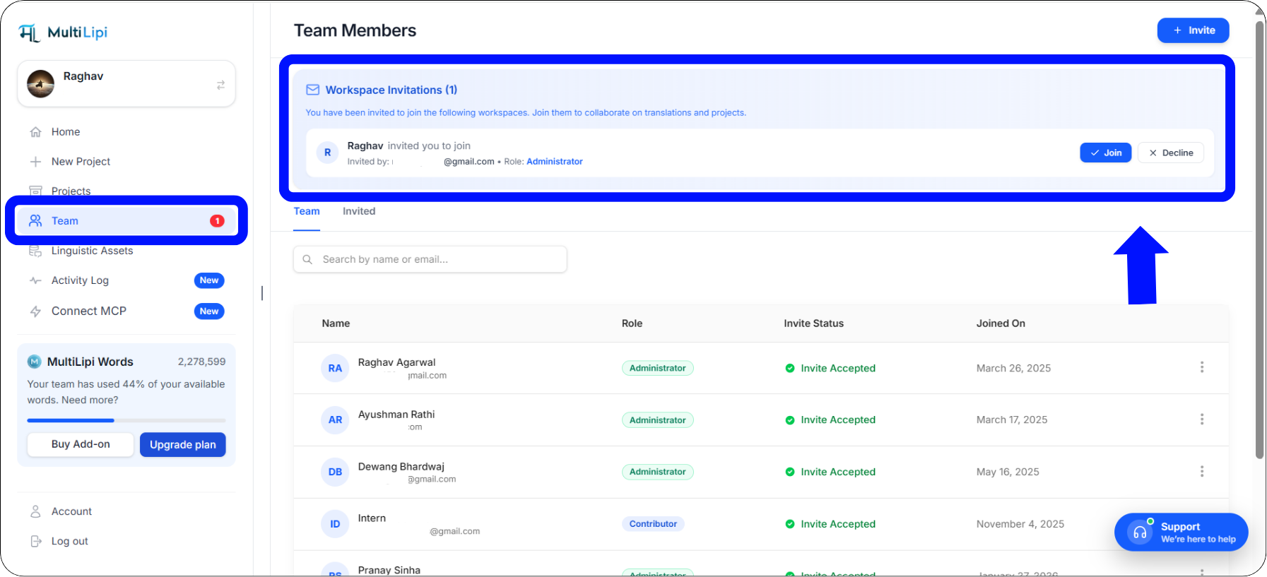 MultiLipi Workspace Invitations banner with Join button