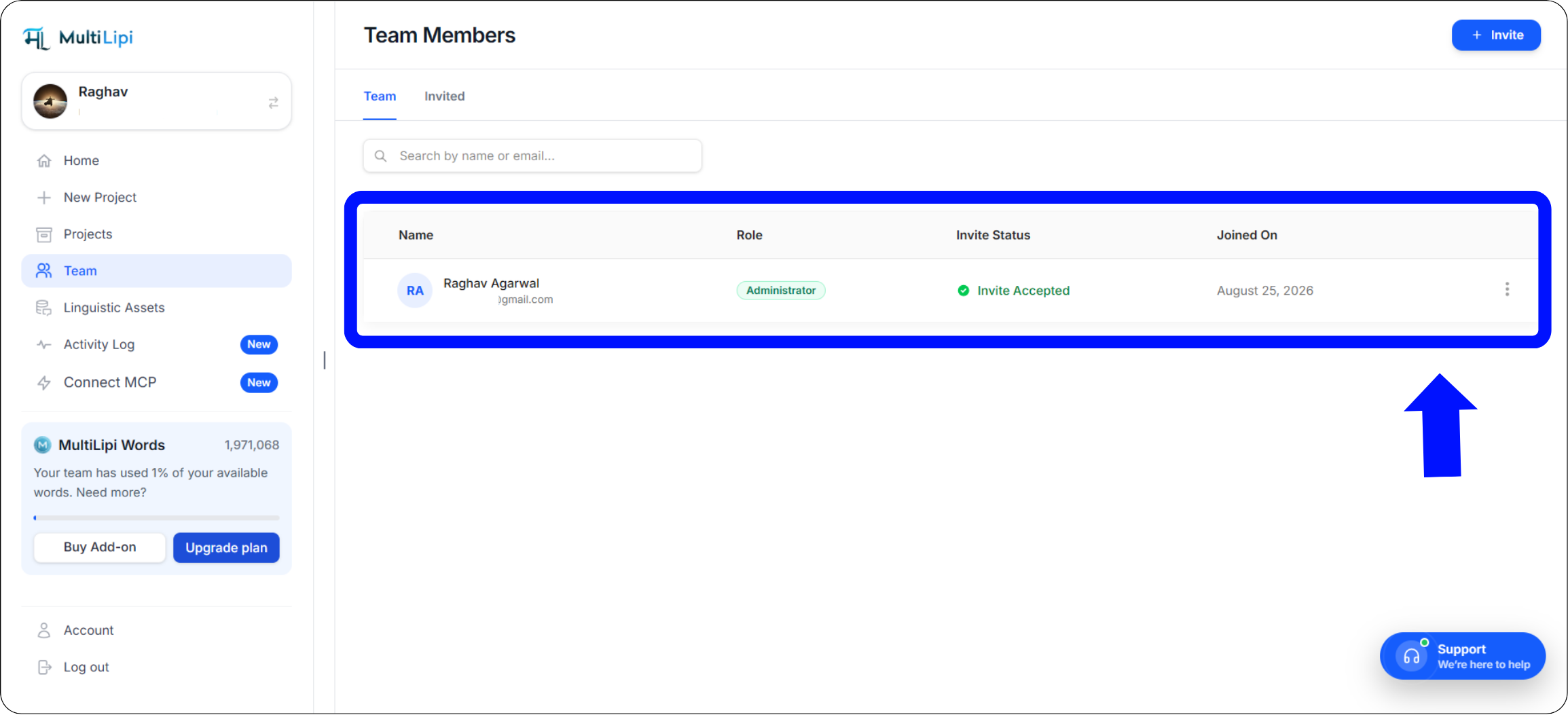 MultiLipi Team member row with three-dot action menu showing Edit and Delete options