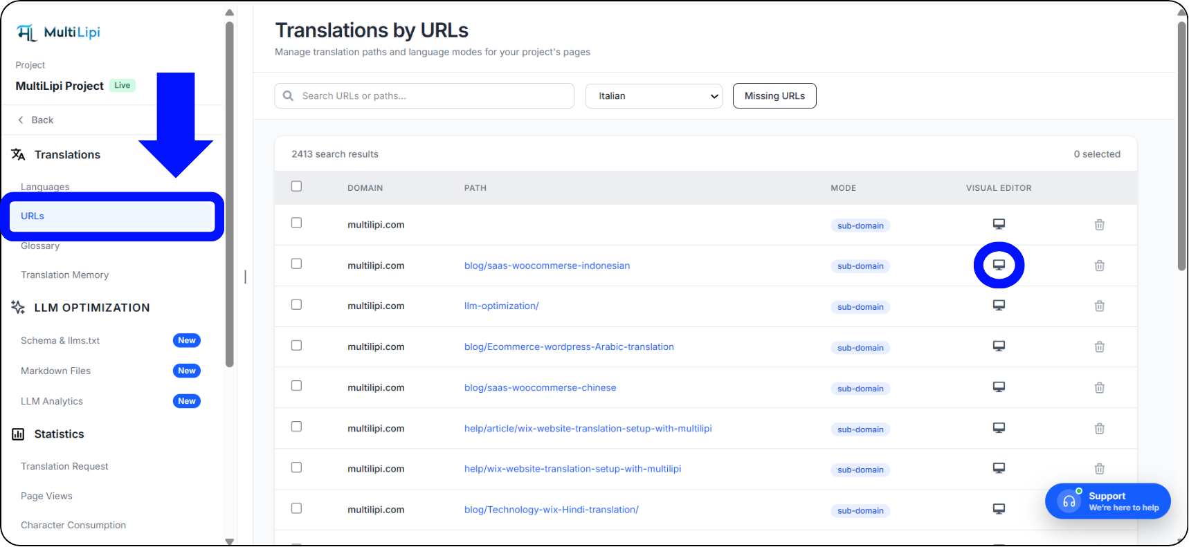 MultiLipi URLs panel with Visual Editor monitor icon