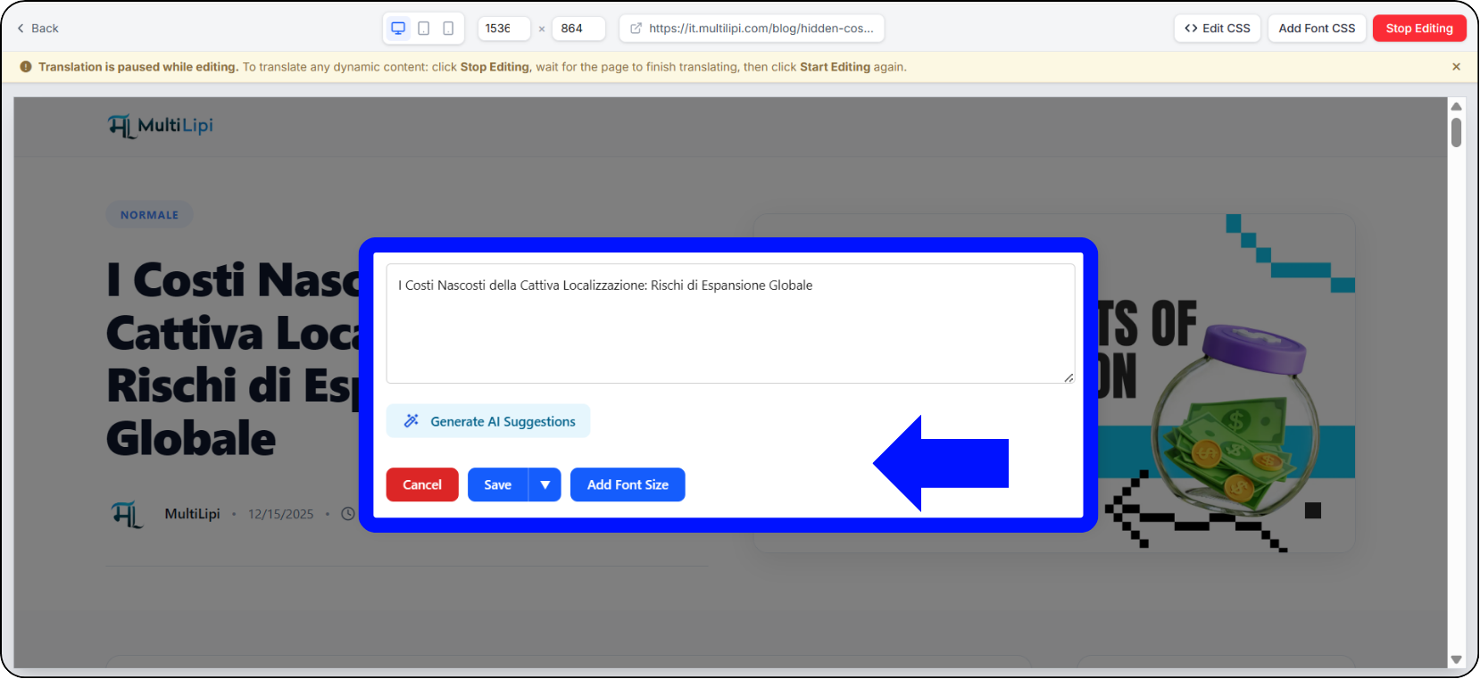 MultiLipi Visual Editor translation modal with AI Suggestions button